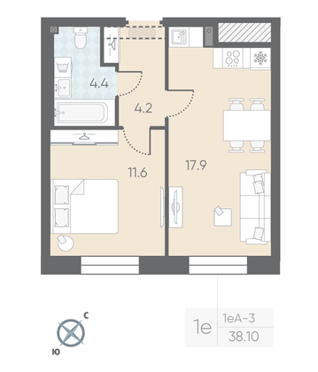 Продажа 1-комнатной квартиры 38,1 м², 2/12 этаж