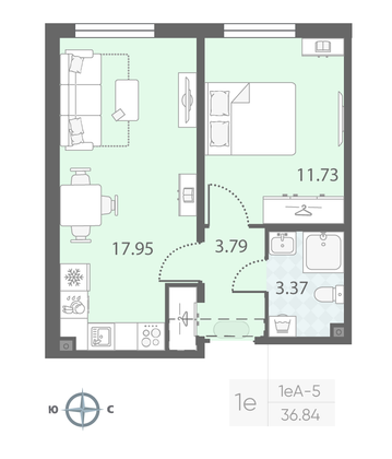 Продажа 1-комнатной квартиры 36,8 м², 20/23 этаж