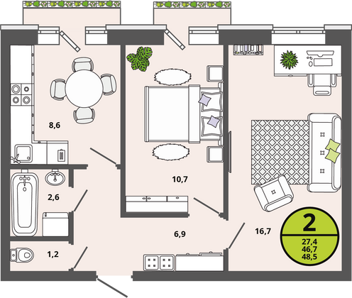 Продажа 2-комнатной квартиры 46,7 м², 3/3 этаж