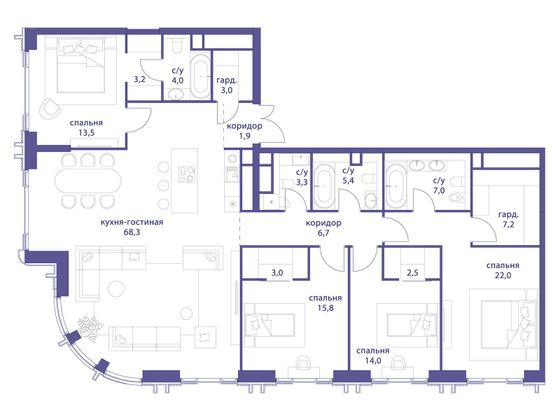 182,9 м², 4-комн. квартира, 16/19 этаж