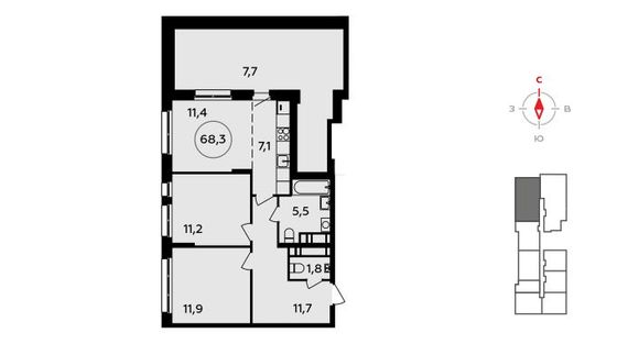 68,1 м², 3-комн. квартира, 17/17 этаж