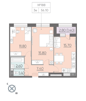 Продажа 2-комнатной квартиры 56,1 м², 9/10 этаж