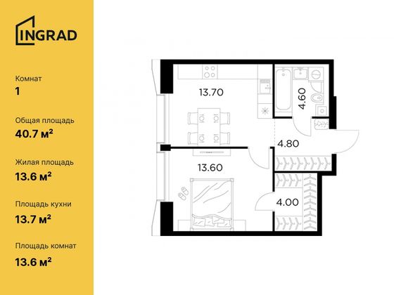 40,7 м², 1-комн. квартира, 22/35 этаж