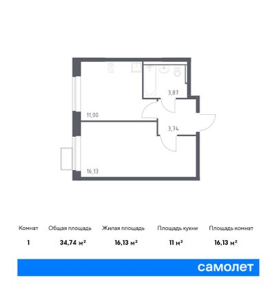 34,7 м², 1-комн. квартира, 2/12 этаж