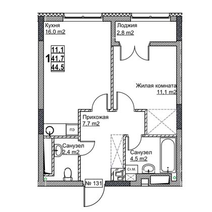 Продажа 1-комнатной квартиры 44,5 м², 16/24 этаж