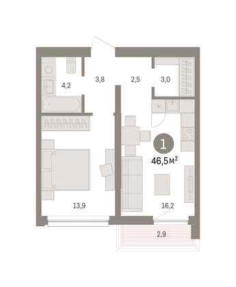 Продажа 1-комнатной квартиры 46,5 м², 5/8 этаж