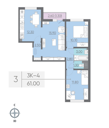 Продажа 3-комнатной квартиры 61 м², 14/24 этаж
