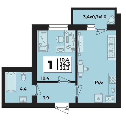 Продажа 1-комнатной квартиры 34,3 м², 4/5 этаж