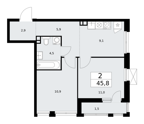 45,8 м², 2-комн. квартира, 3/18 этаж