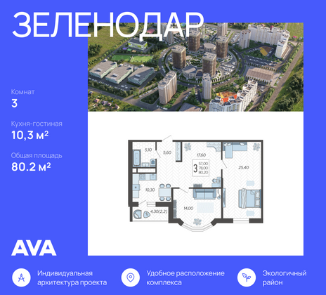 80,2 м², 3-комн. квартира, 2/16 этаж