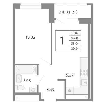 38 м², 1-комн. квартира, 23/26 этаж