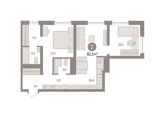 61,5 м², 2-комн. квартира, 4/8 этаж