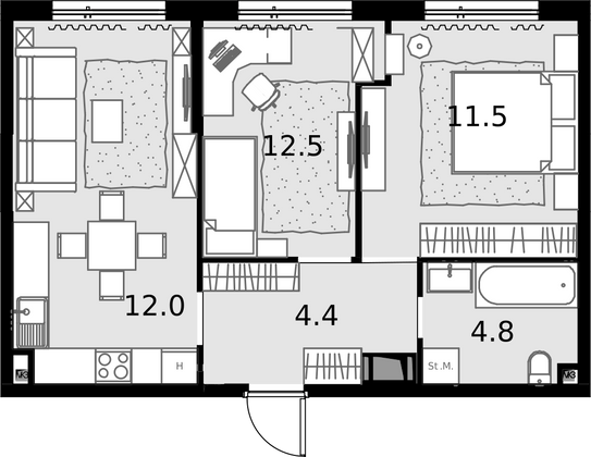 52,7 м², 2-комн. квартира, 24/28 этаж