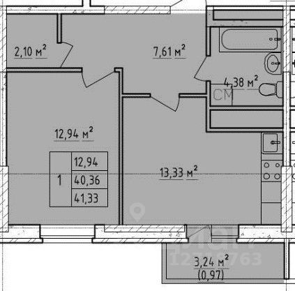 41,3 м², 1-комн. квартира, 14/17 этаж