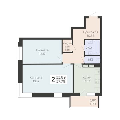 Продажа 2-комнатной квартиры 57,8 м², 3/19 этаж