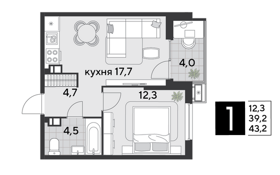 Продажа 1-комнатной квартиры 43,2 м², 4/18 этаж