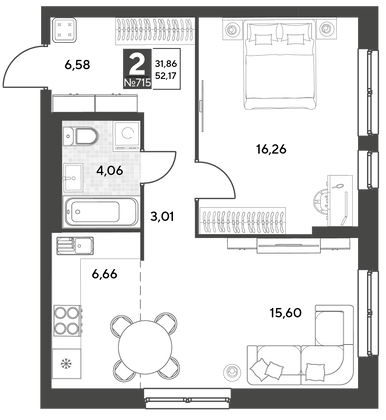 Продажа 2-комнатной квартиры 52,2 м², 12/25 этаж