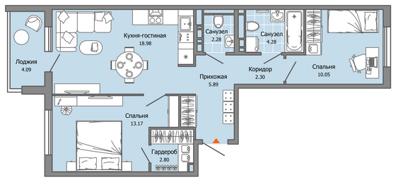 62 м², 3-комн. квартира, 2/7 этаж