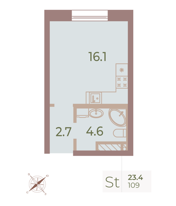 Продажа квартиры-студии 23,4 м², 6/9 этаж