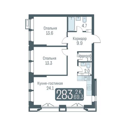 Продажа 2-комнатной квартиры 69,3 м², 4/24 этаж