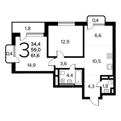 Продажа 3-комнатной квартиры 61,6 м², 4/14 этаж