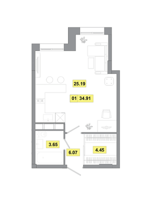 Продажа 1-комнатной квартиры 34,9 м², 1 этаж