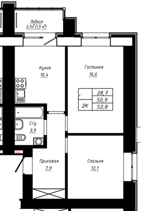 Продажа 2-комнатной квартиры 52,8 м², 5/16 этаж