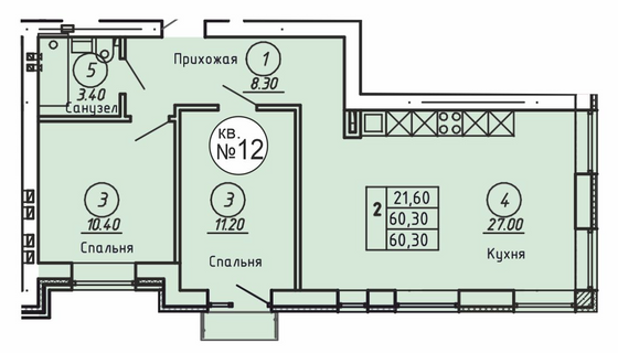 Продажа 2-комнатной квартиры 60,3 м², 3/4 этаж