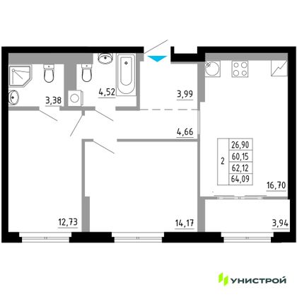 62,1 м², 2-комн. квартира, 2/27 этаж