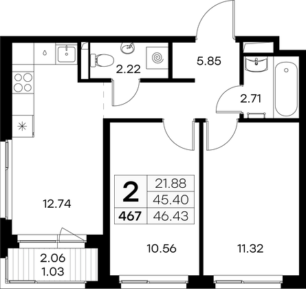 46,4 м², 2-комн. квартира, 5/9 этаж