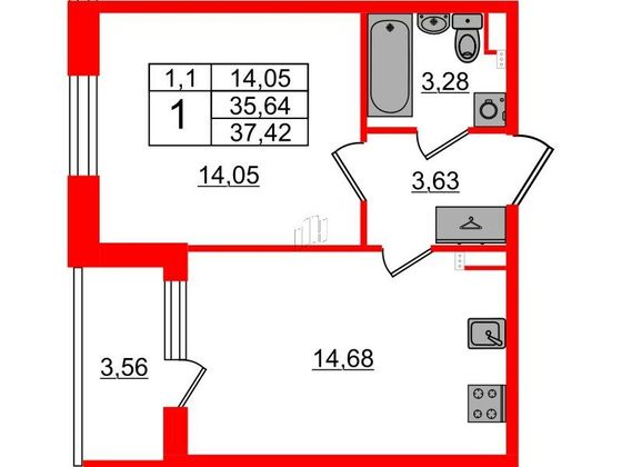 Продажа 1-комнатной квартиры 35,6 м², 2/5 этаж