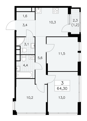 64,3 м², 3-комн. квартира, 28/30 этаж