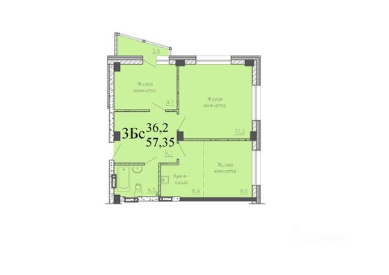 Продажа 3-комнатной квартиры 57,4 м², 4/22 этаж