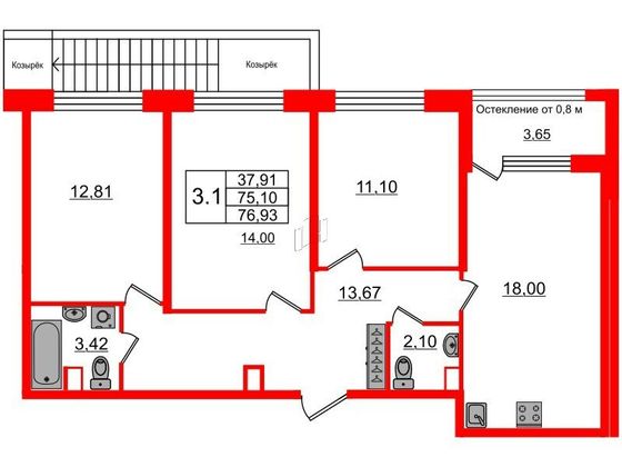 Продажа 3-комнатной квартиры 75,1 м², 1/9 этаж