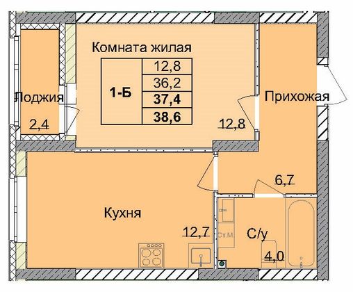 37,4 м², 1-комн. квартира, 1/18 этаж