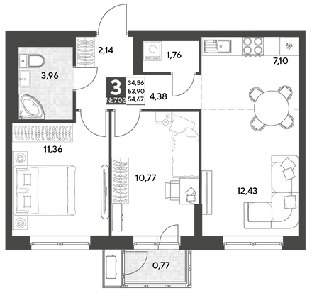 Продажа 3-комнатной квартиры 54,7 м², 11/25 этаж