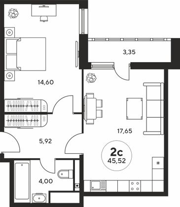 45,5 м², 2-комн. квартира, 12 этаж