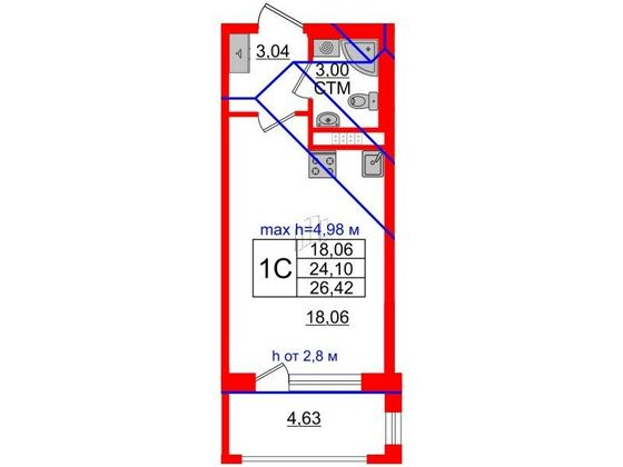 Продажа квартиры-студии 24,1 м², 4/4 этаж