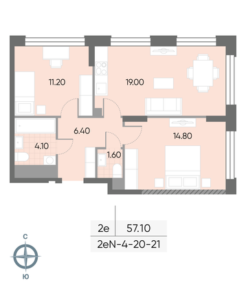 Продажа 2-комнатной квартиры 57,1 м², 21/30 этаж