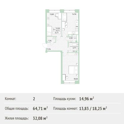 Продажа 2-комнатной квартиры 64,7 м², 4/17 этаж