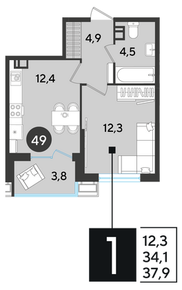 Продажа 1-комнатной квартиры 37,9 м², 7/9 этаж