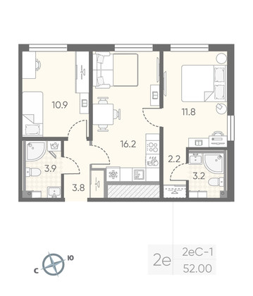 52 м², 2-комн. квартира, 2/25 этаж