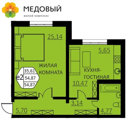 54,8 м², 2-комн. квартира, 1/14 этаж