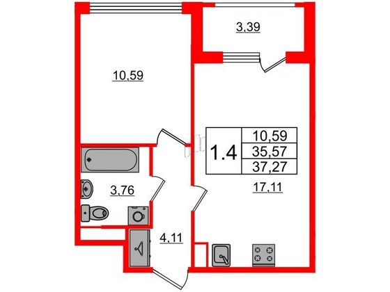 Продажа 1-комнатной квартиры 35,6 м², 1/4 этаж