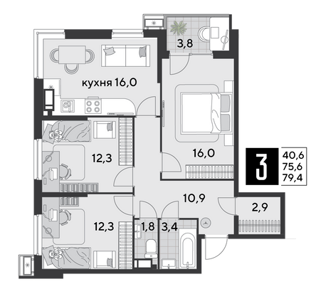 Продажа 3-комнатной квартиры 79,4 м², 13/18 этаж