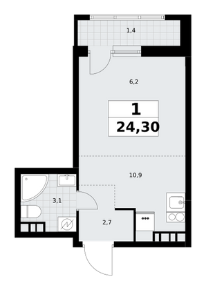 24,3 м², своб. планировка, 5/10 этаж