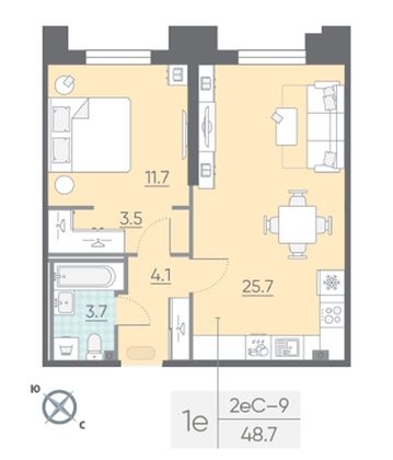 Продажа 1-комнатной квартиры 48,7 м², 2/23 этаж