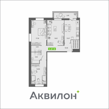 87,2 м², 3-комн. квартира, 2/16 этаж