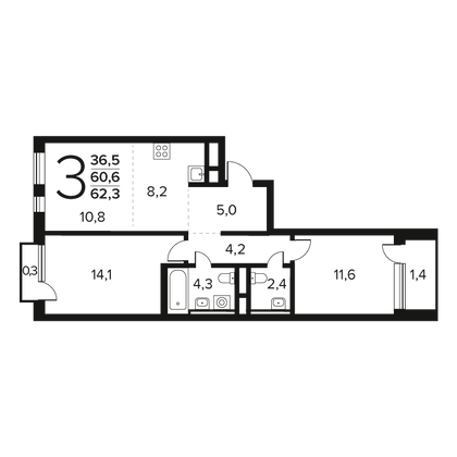 Продажа 3-комнатной квартиры 62,3 м², 4/12 этаж