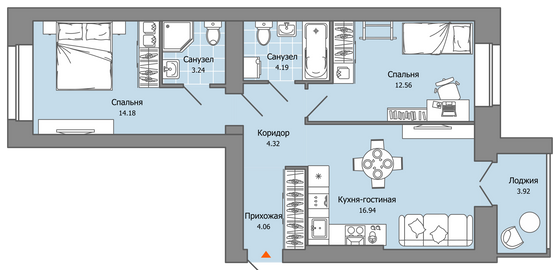 61 м², 3-комн. квартира, 2/8 этаж